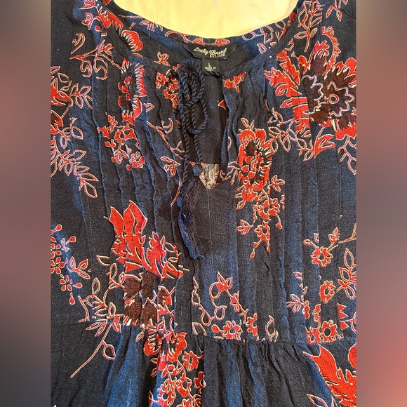 Lucky Brand Long Sleeve Tie Tassel Red & Navy Floral Blouse Boho Women’s Large - Picture 2 of 15